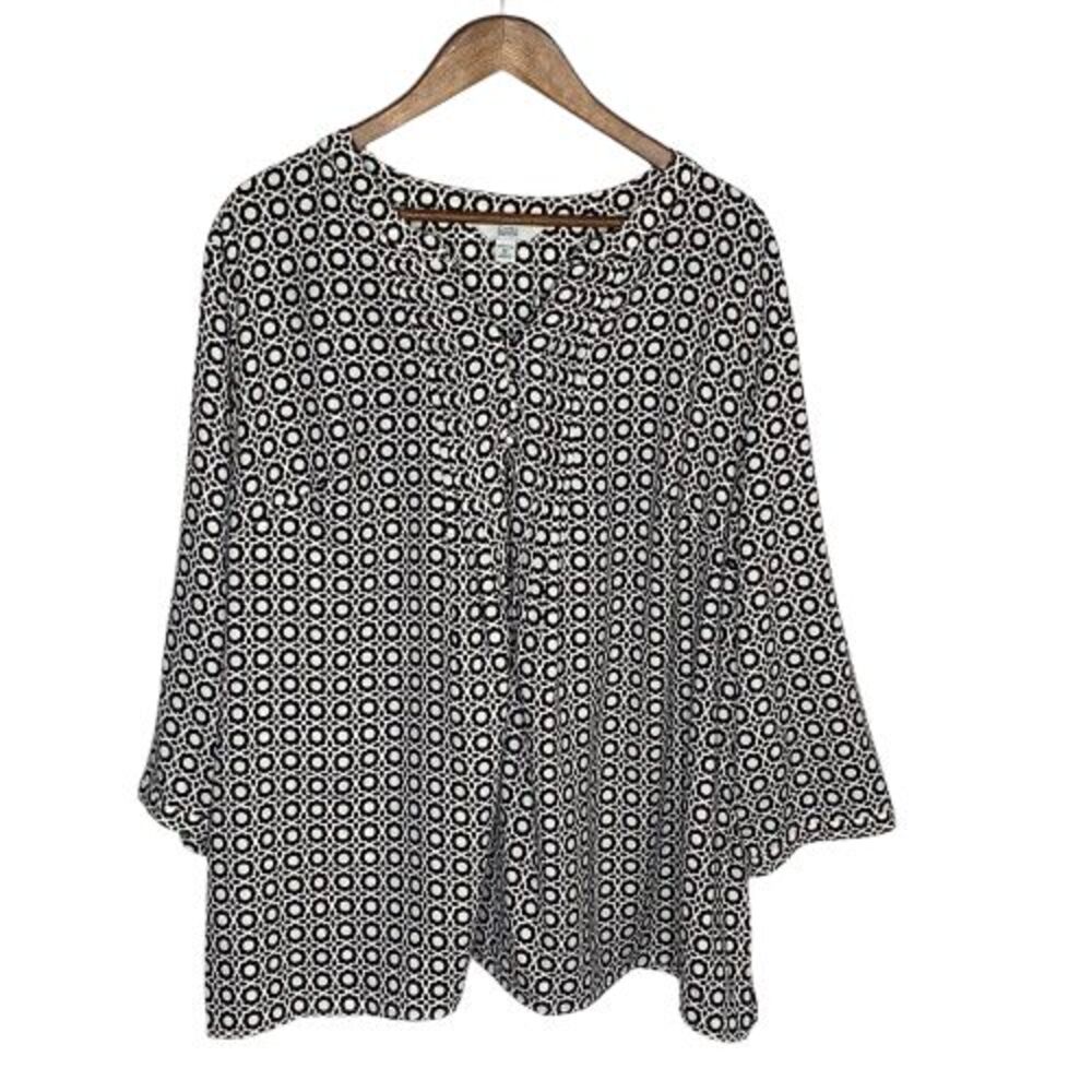 Croft & Barrow Womens Floral‎ Blouse Top Size 3X Black White Retro Casual Office